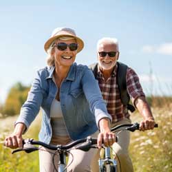 Happy older couple explores nature by bike on sunny day.